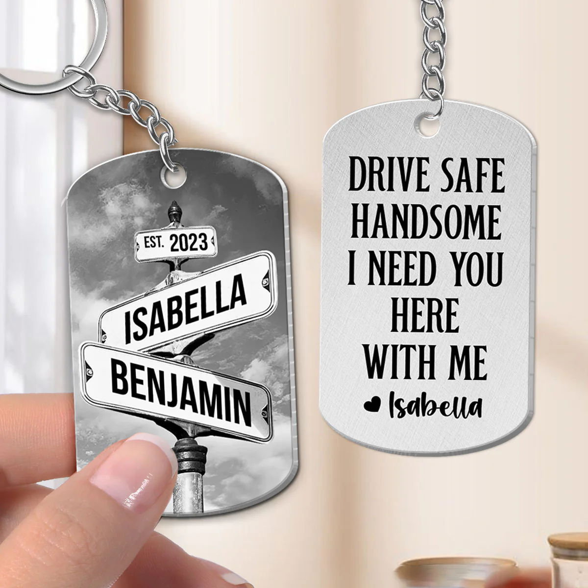 Drive Safe I Need You Vintage Crossroads Street Sign Personalized Metal Keychain, Anniversary Gift For Him, Boyfriend, Husband - Image 3