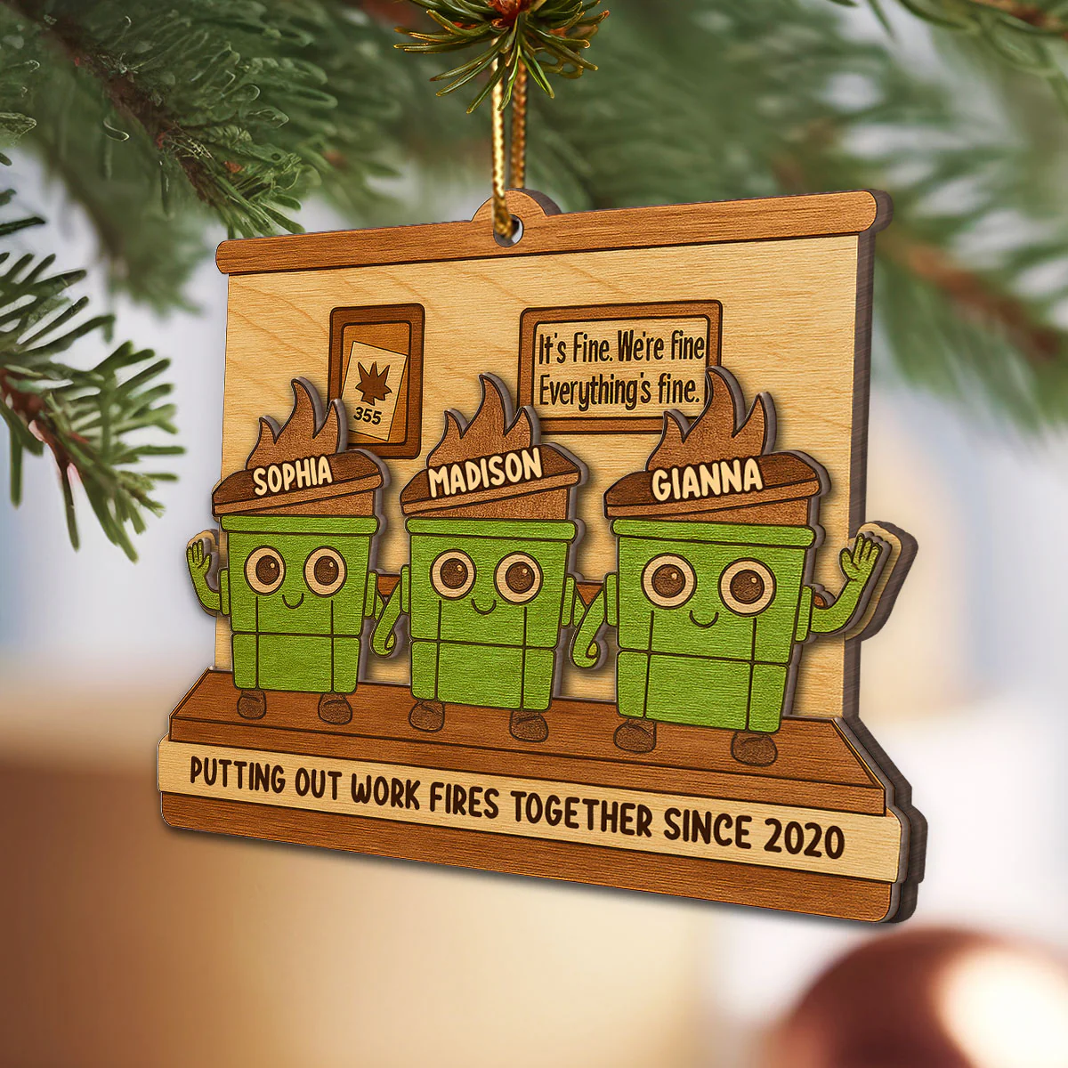 Dumpster Fires In Office Scene - Personalized Wooden Ornament - Funny Gift For Colleagues, Work Besties - Image 2