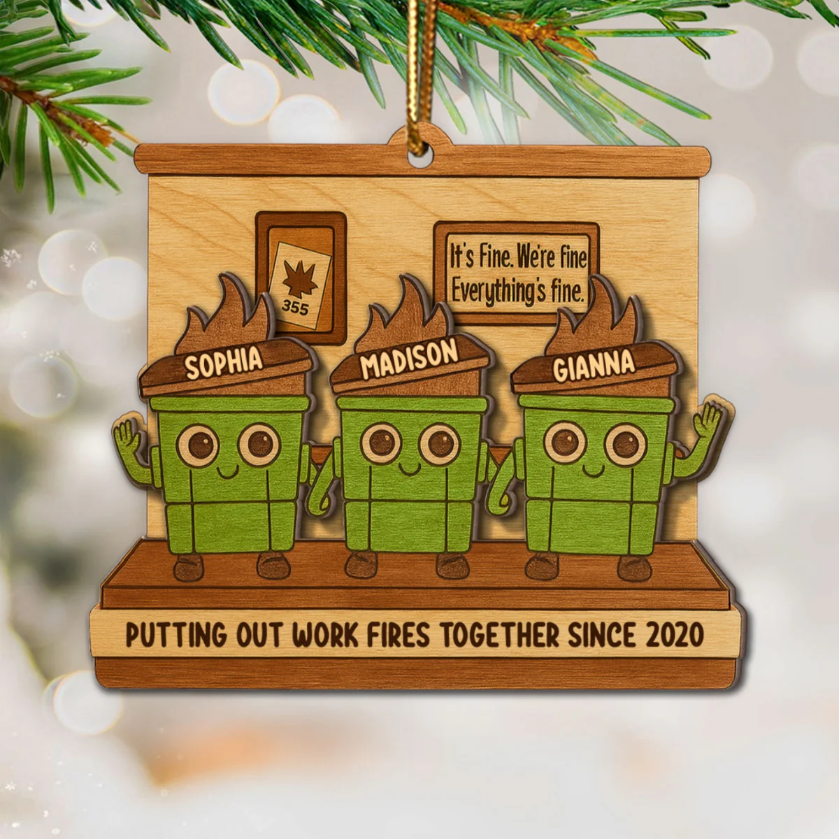 Dumpster Fires In Office Scene - Personalized Wooden Ornament - Funny Gift For Colleagues, Work Besties - Image 8