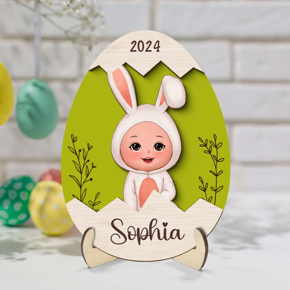 Easter Gift For Grandkids Little Bunny Inside Easter Egg Personalized 2-Layer Wooden Plaque - Image 2