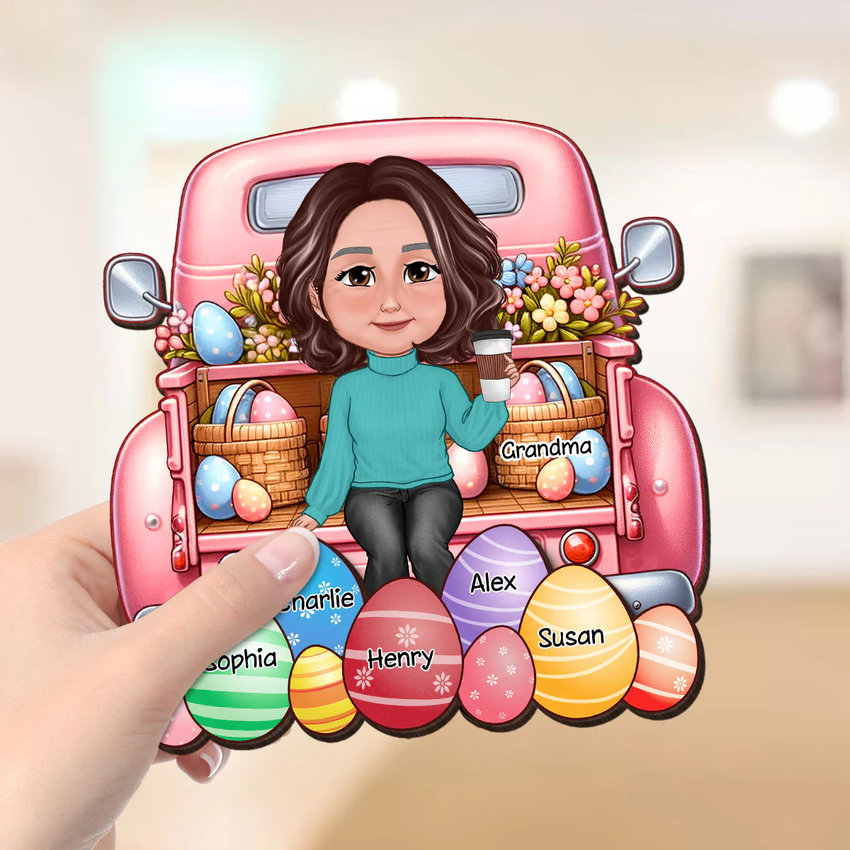 Easter Mom Grandma Sitting On Truck Eggs Grandkids Names Personalized 2-Layer Wooden Plaque - Image 5