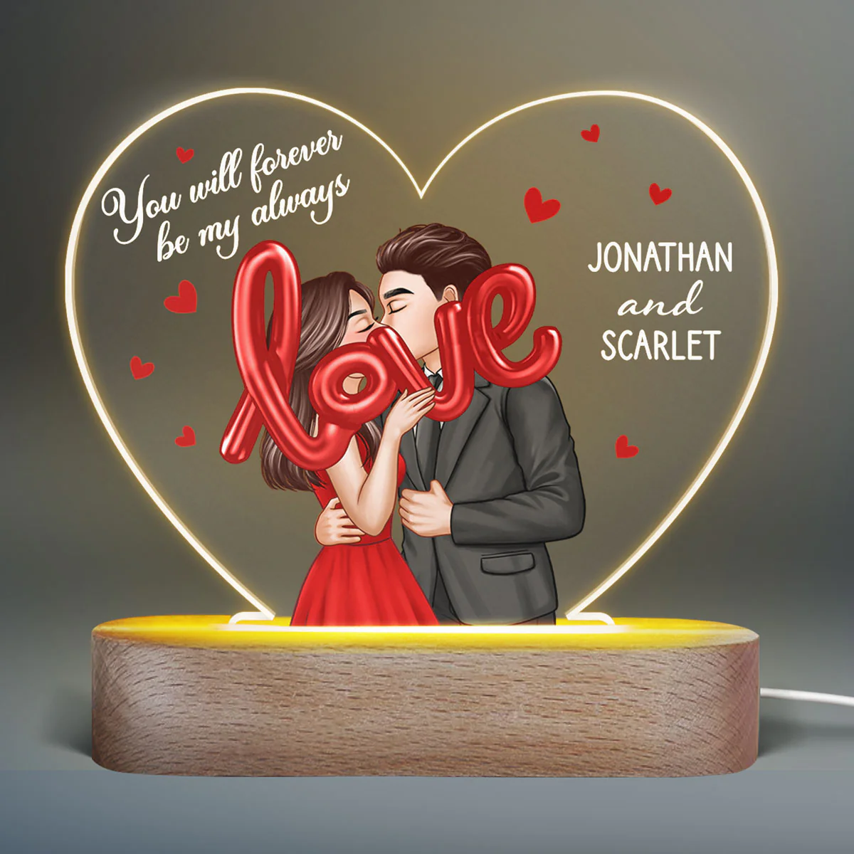 Elegant Couple Holding LOVE Balloon Personalized Heart LED Night Light - Image 2