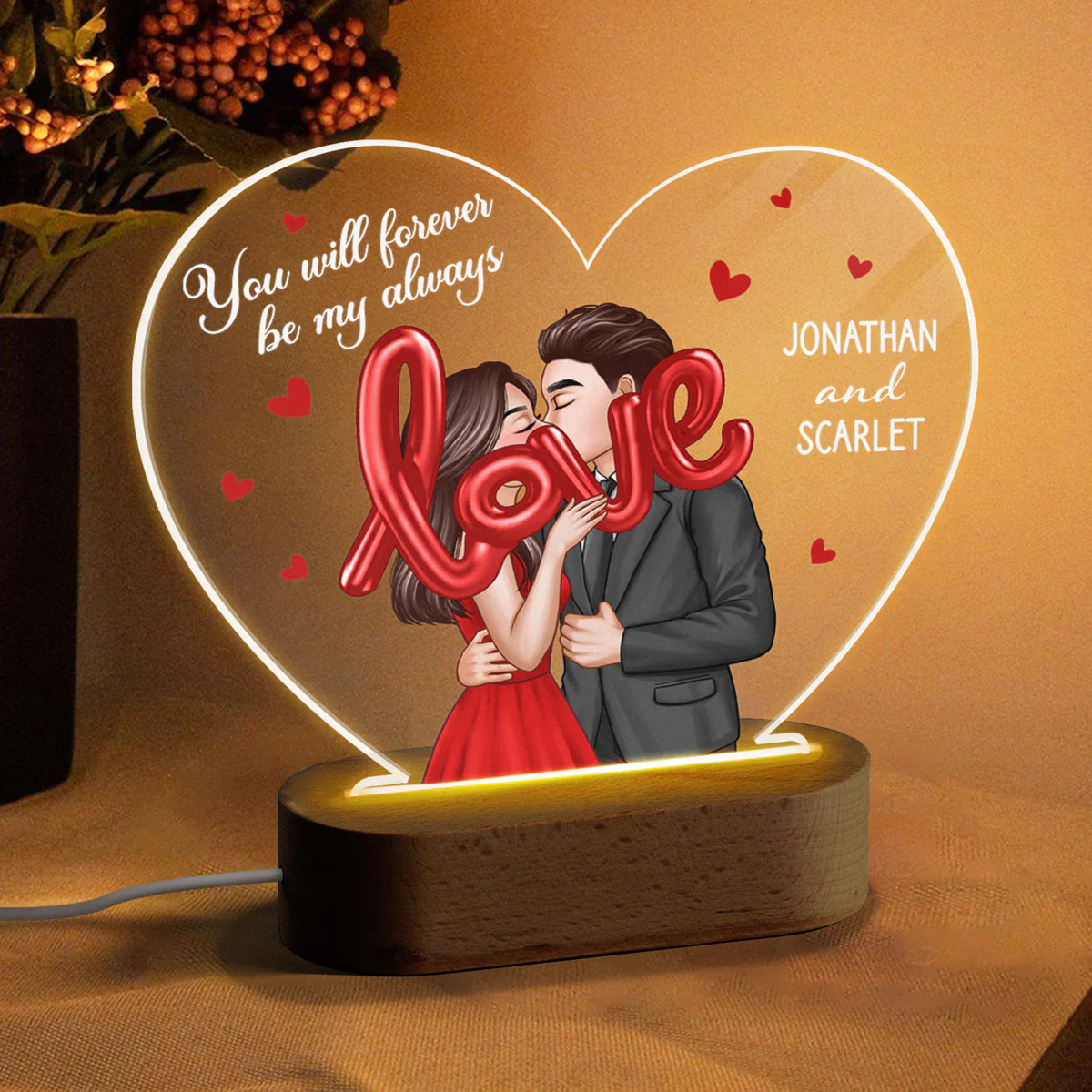 Elegant Couple Holding LOVE Balloon Personalized Heart LED Night Light - Image 3