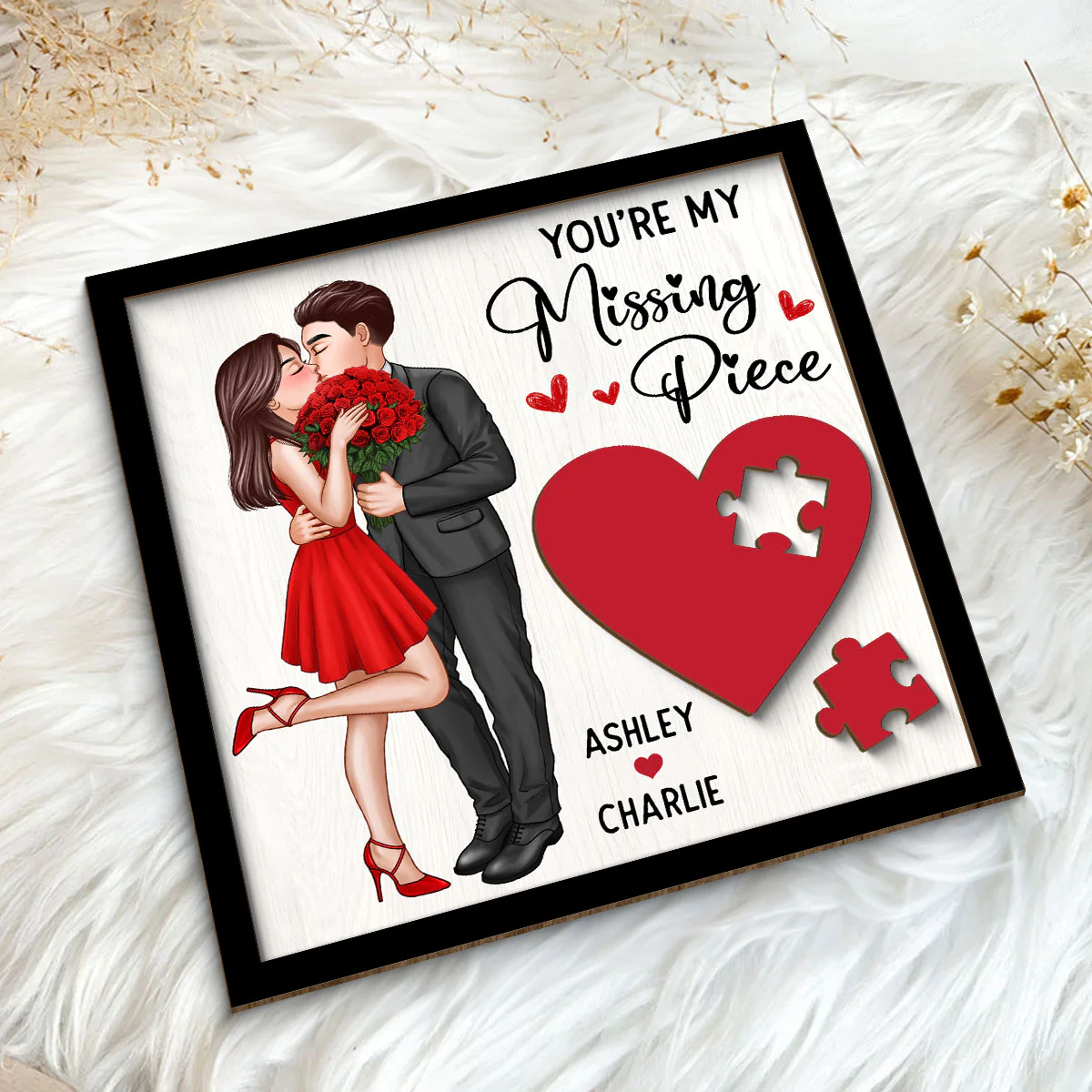 Elegant Couple Kissing Missing Piece Red Heart Valentine‘s Day Gift For Her Gift For Him Personalized 2-Layer Wooden Plaque - Image 5