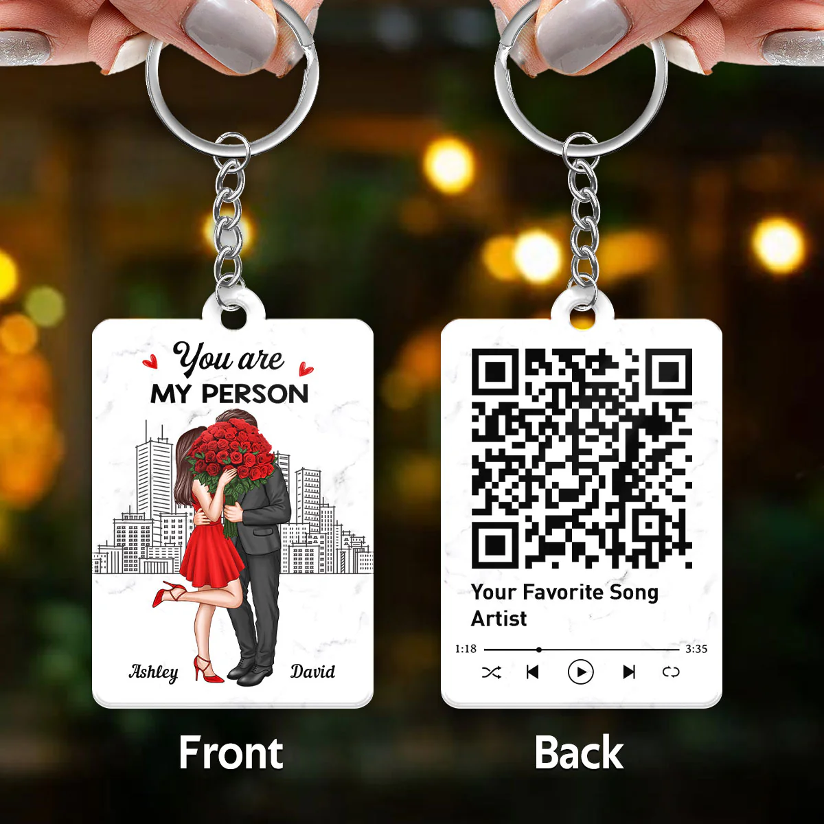 Elegant Couple Love Skyline Favorite Song Scannable QR Code Personalized Acrylic Keychain - Image 3