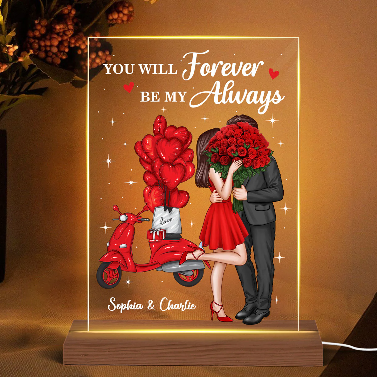 Elegant Couple Valentine‘s Gift Personalized Rectangle Acrylic Plaque LED Night Light