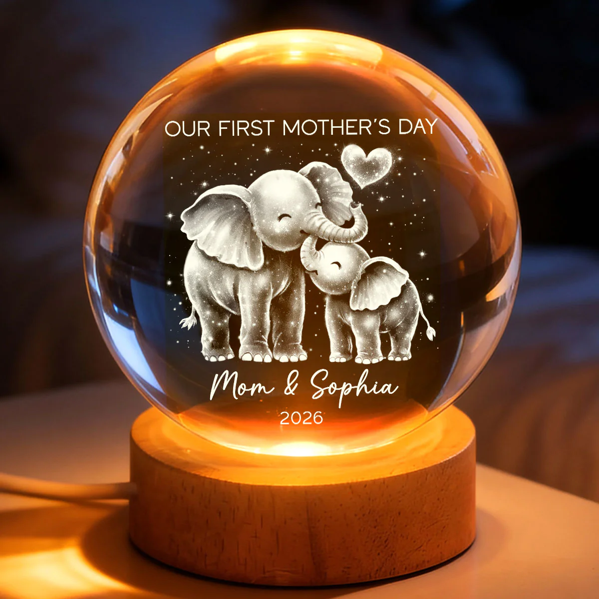 Elephant Mom And Baby Our First Mother's Day - Personalized Crystal Ball LED Night Light - First Mother's Day Gift For New Mom
