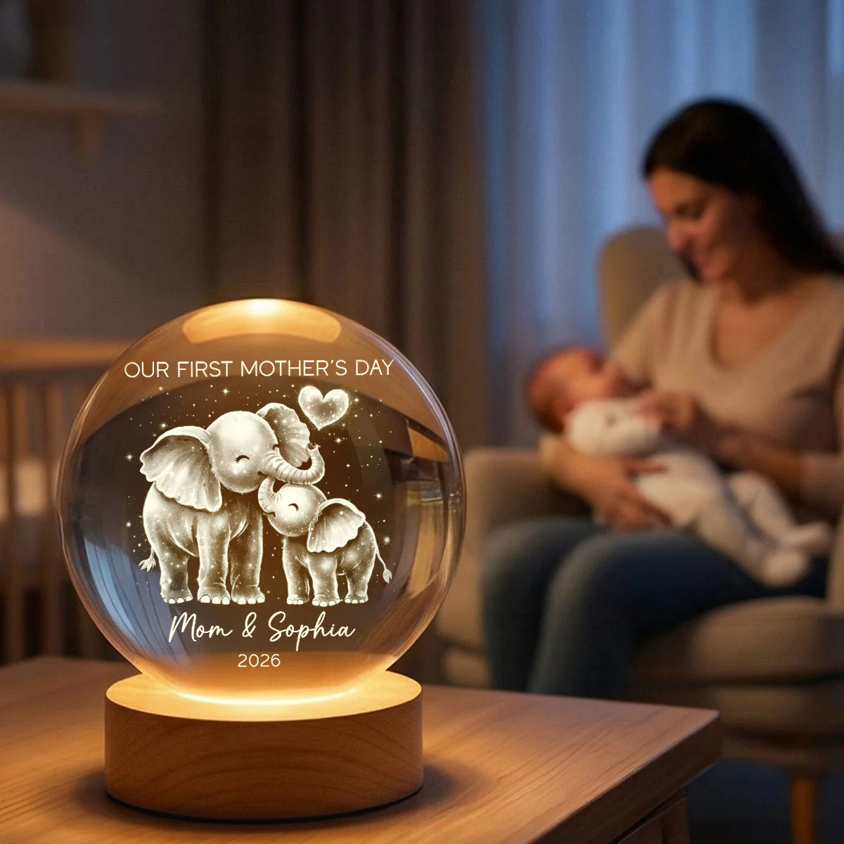 Elephant Mom And Baby Our First Mother's Day - Personalized Crystal Ball LED Night Light - First Mother's Day Gift For New Mom - Image 2