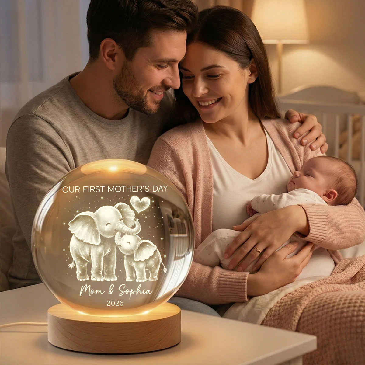 Elephant Mom And Baby Our First Mother's Day - Personalized Crystal Ball LED Night Light - First Mother's Day Gift For New Mom - Image 3