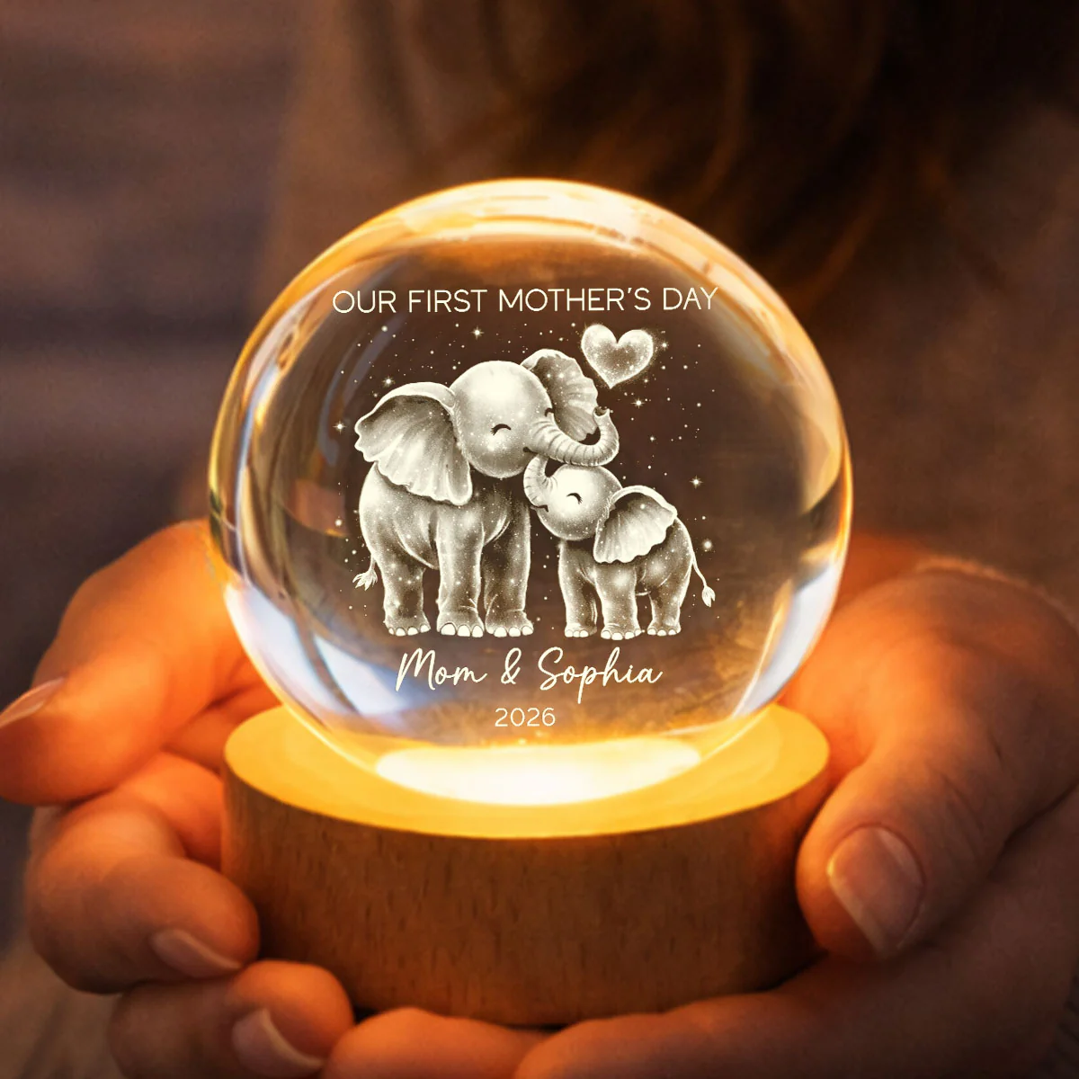 Elephant Mom And Baby Our First Mother's Day - Personalized Crystal Ball LED Night Light - First Mother's Day Gift For New Mom - Image 4