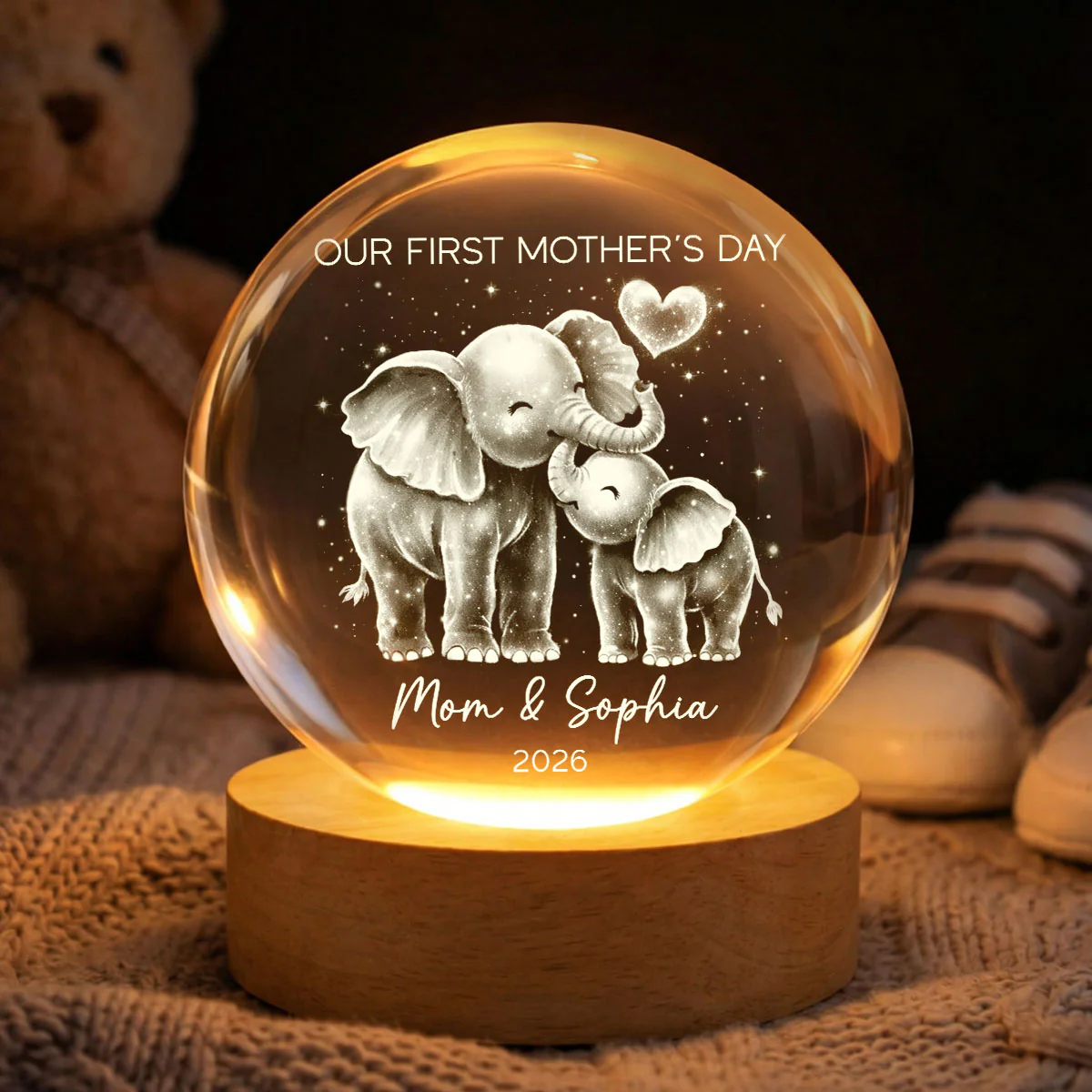 Elephant Mom And Baby Our First Mother's Day - Personalized Crystal Ball LED Night Light - First Mother's Day Gift For New Mom - Image 5