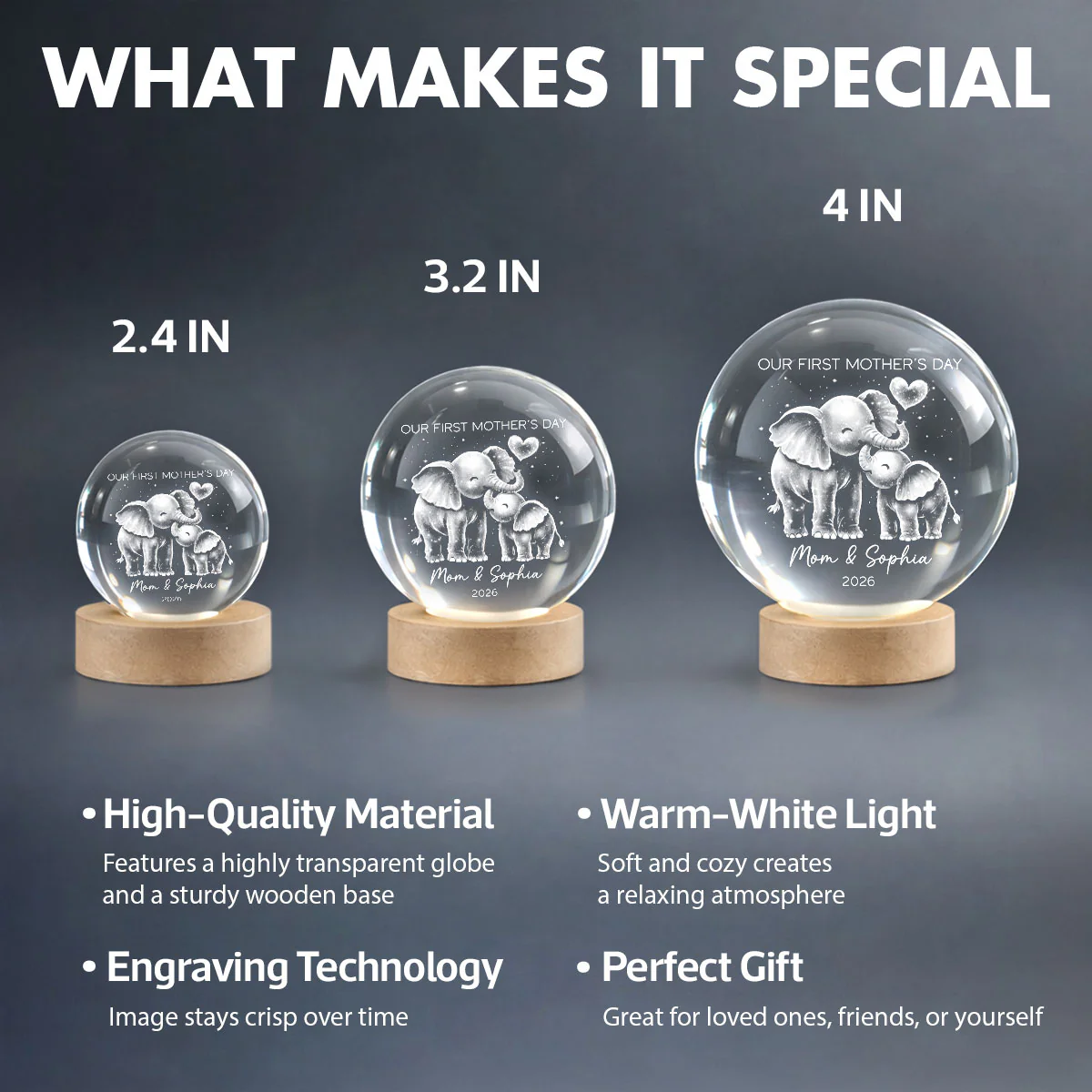 Elephant Mom And Baby Our First Mother's Day - Personalized Crystal Ball LED Night Light - First Mother's Day Gift For New Mom - Image 8