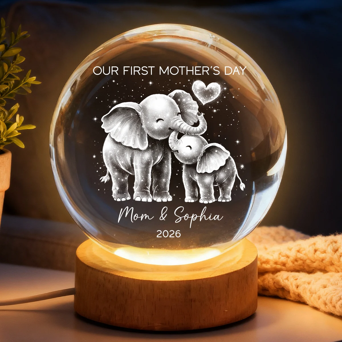 Elephant Mom And Baby Our First Mother's Day - Personalized Crystal Ball LED Night Light - First Mother's Day Gift For New Mom - Image 9