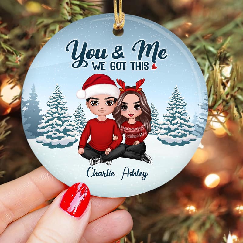 Embracing Couple Sitting In Snow Personalized Circle Ornament - Image 3