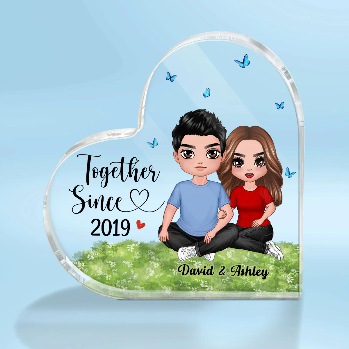 Embracing Couple Sitting On Grass Personalized Heart-Shaped Acrylic Plaque - Image 2