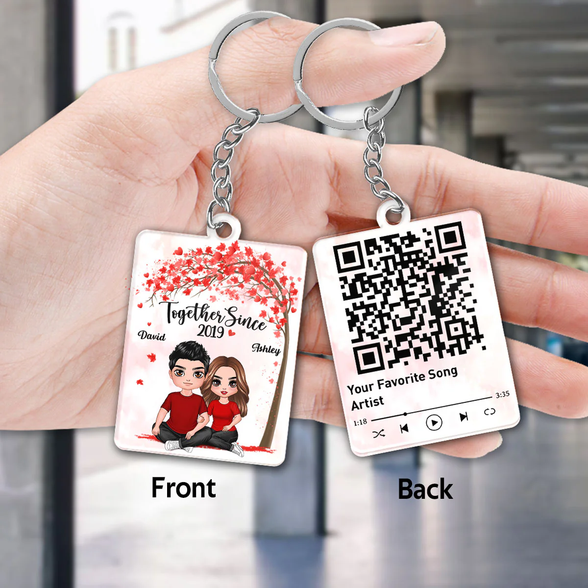 Embracing Couple Sitting Under Tree Favorite Song Scannable QR Code Personalized Acrylic Keychain - Image 2