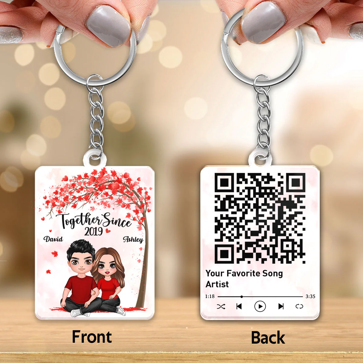 Embracing Couple Sitting Under Tree Favorite Song Scannable QR Code Personalized Acrylic Keychain - Image 3