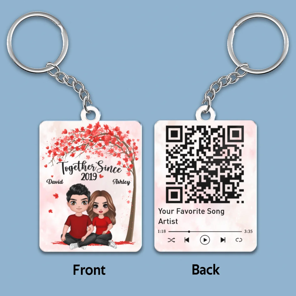 Embracing Couple Sitting Under Tree Favorite Song Scannable QR Code Personalized Acrylic Keychain - Image 4