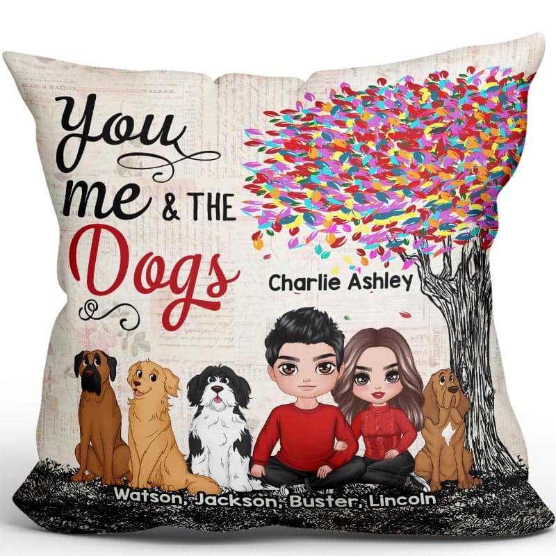 Embracing Couple With Dogs Under Colorful Tree Personalized Pillow (Insert Included)