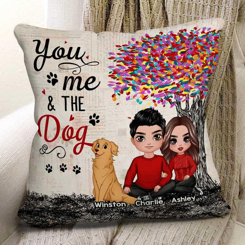 Embracing Couple With Dogs Under Colorful Tree Personalized Pillow (Insert Included) - Image 2