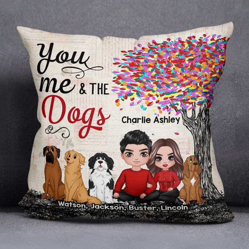 Embracing Couple With Dogs Under Colorful Tree Personalized Pillow (Insert Included) - Image 3