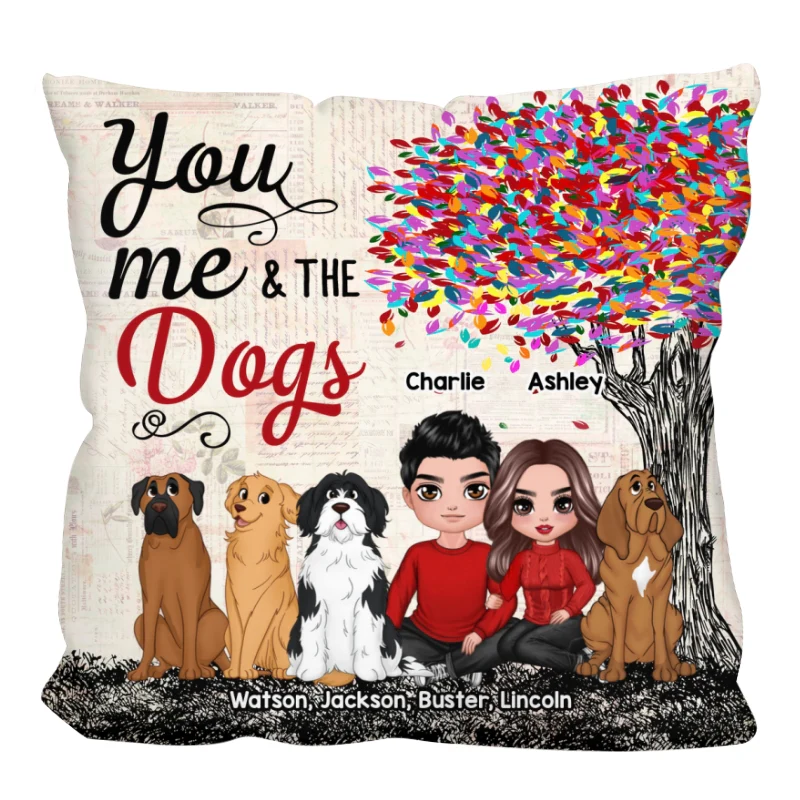 Embracing Couple With Dogs Under Colorful Tree Personalized Pillow (Insert Included) - Image 4