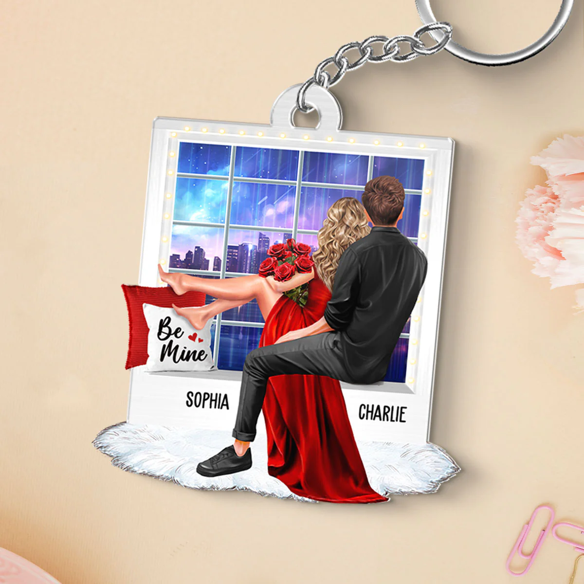 Embracing Couples On Window Personalized Acrylic Keychain, Gift, Anniversary Gift for Couples - Image 2