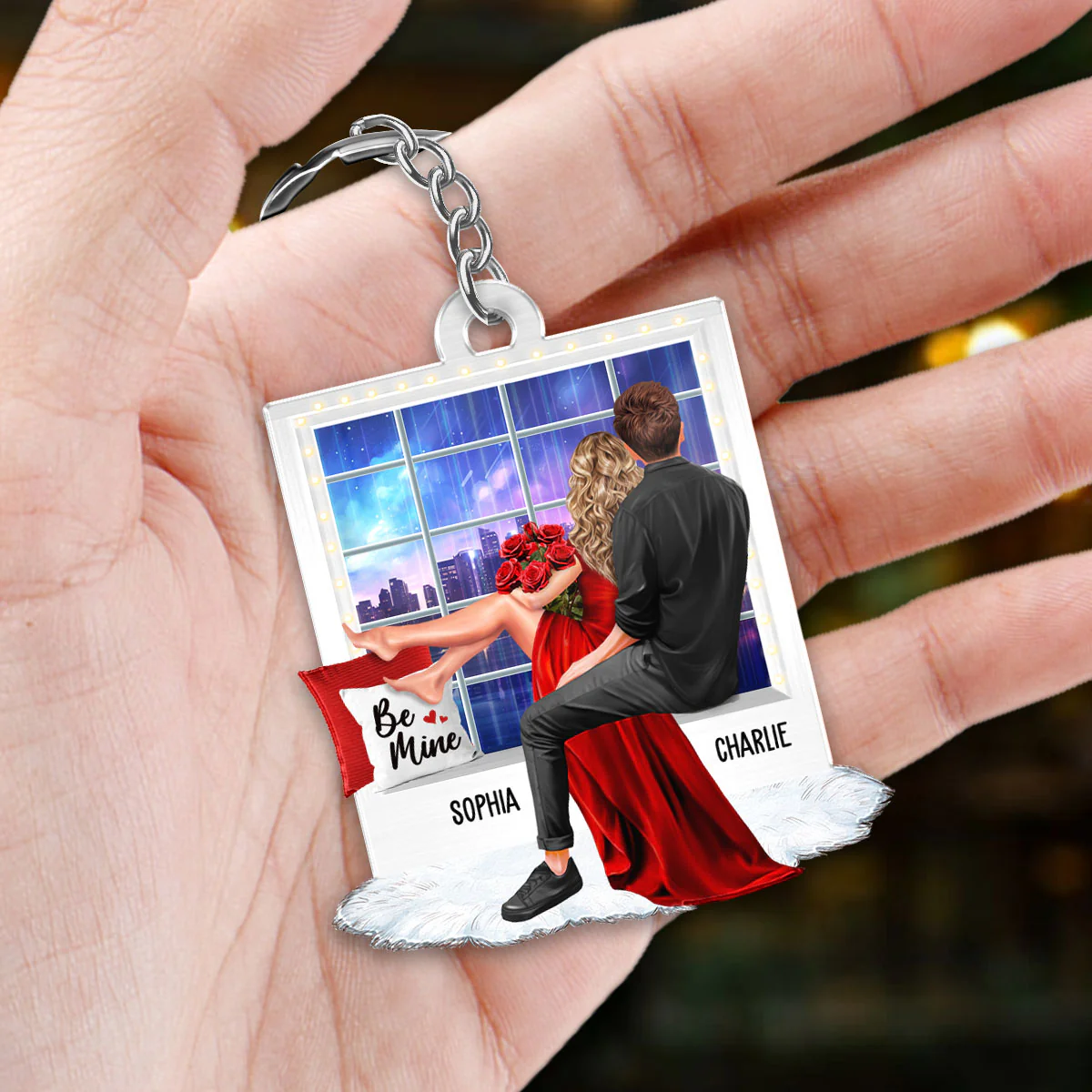 Embracing Couples On Window Personalized Acrylic Keychain, Gift, Anniversary Gift for Couples - Image 3