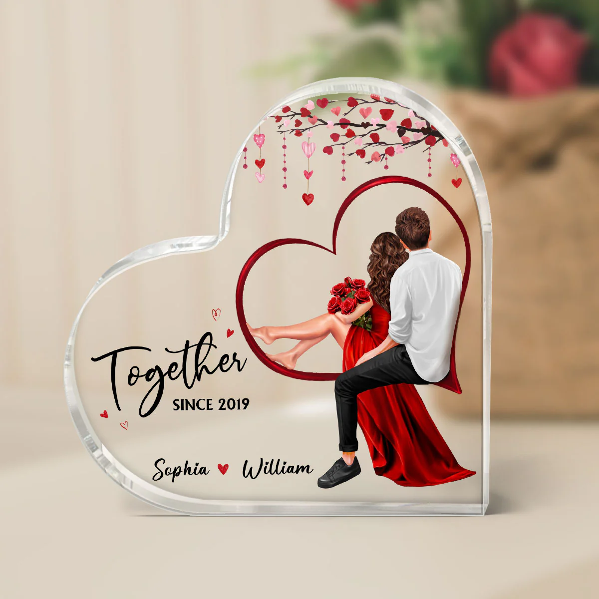 Embracing Couples Sitting On Heart Personalized Acrylic Heart Plaque, Gift, Anniversary Gift for Couples - Image 2