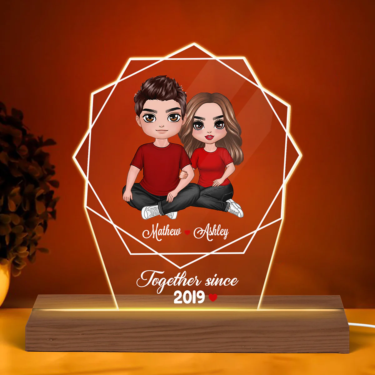 Embracing Doll Couple Hexagon Personalized Custom Shape LED Night Light