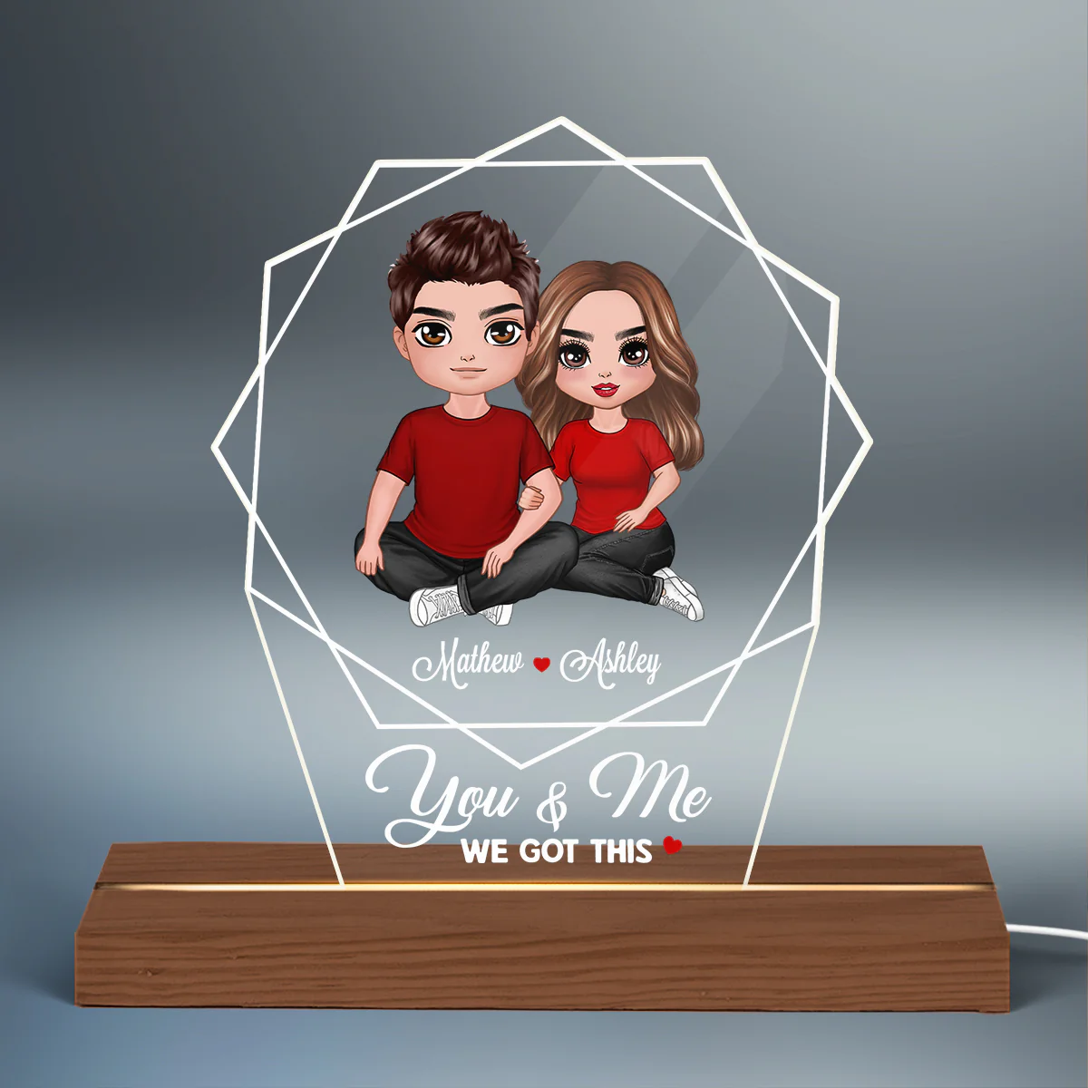 Embracing Doll Couple Hexagon Personalized Custom Shape LED Night Light - Image 2