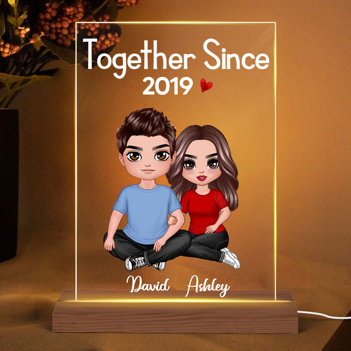 Embracing Doll Couple Sitting Anniversary Gift For Him Gift For Her Personalized Rectangle Acrylic Plaque LED Lamp Night Light