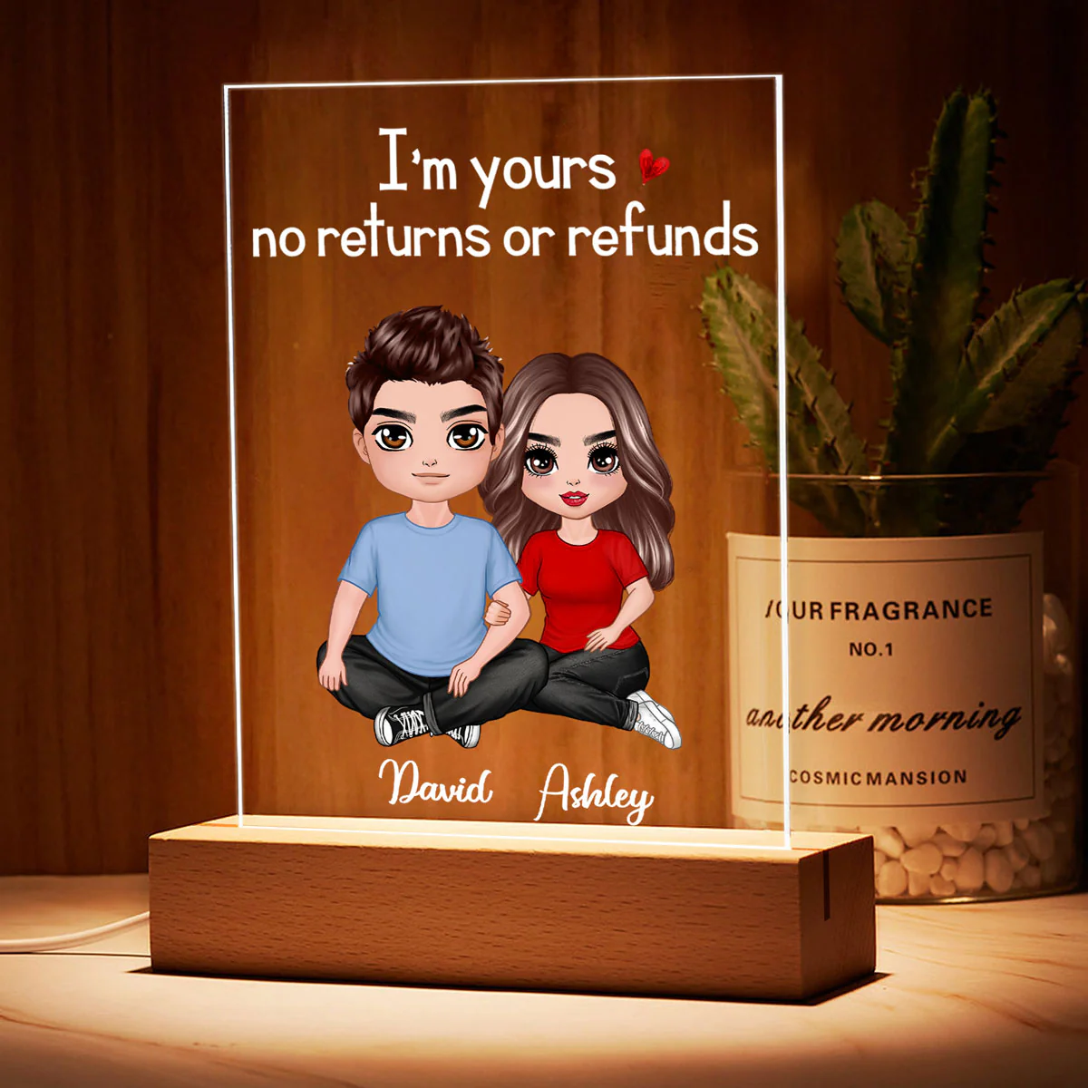 Embracing Doll Couple Sitting Anniversary Gift For Him Gift For Her Personalized Rectangle Acrylic Plaque LED Lamp Night Light - Image 3