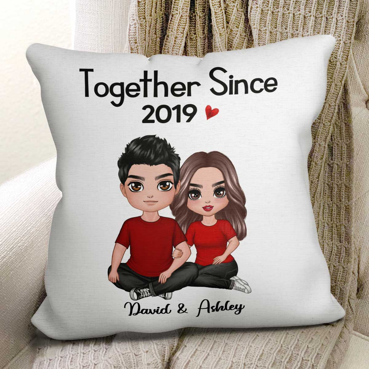 Embracing Doll Couple Sitting Gift For Him For Her Personalized Pillow (Insert Included) - Image 2