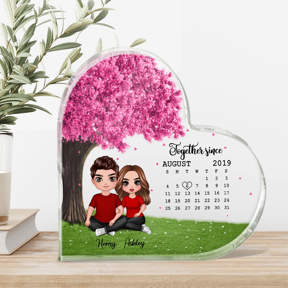 Embracing Doll Couple Sitting Under Pink Tree Calendar Anniversary Date Personalized Heart Acrylic Plaque - Image 3