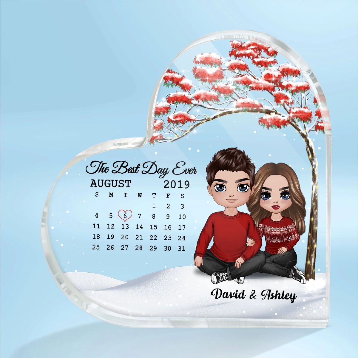 Embracing Doll Couple Sitting Under Red Tree Calendar Anniversary Date Personalized Heart Acrylic Plaque - Image 2