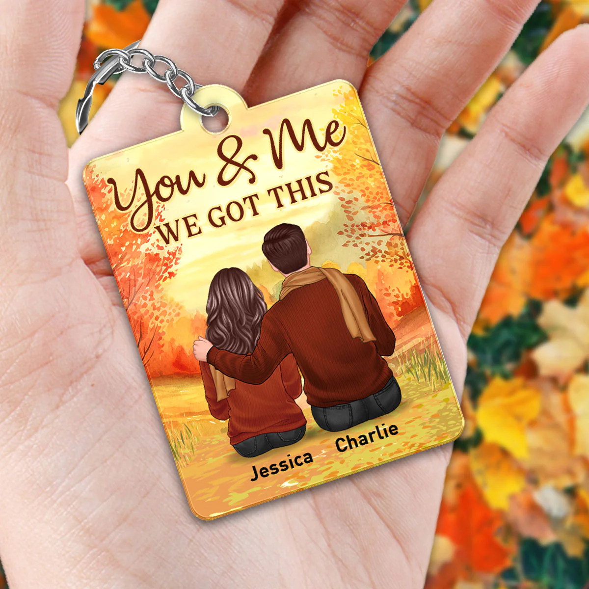 Embracing Fall Season Couple Sitting Back View Favorite Song QR Code Personalized Acrylic Keychain - Image 2