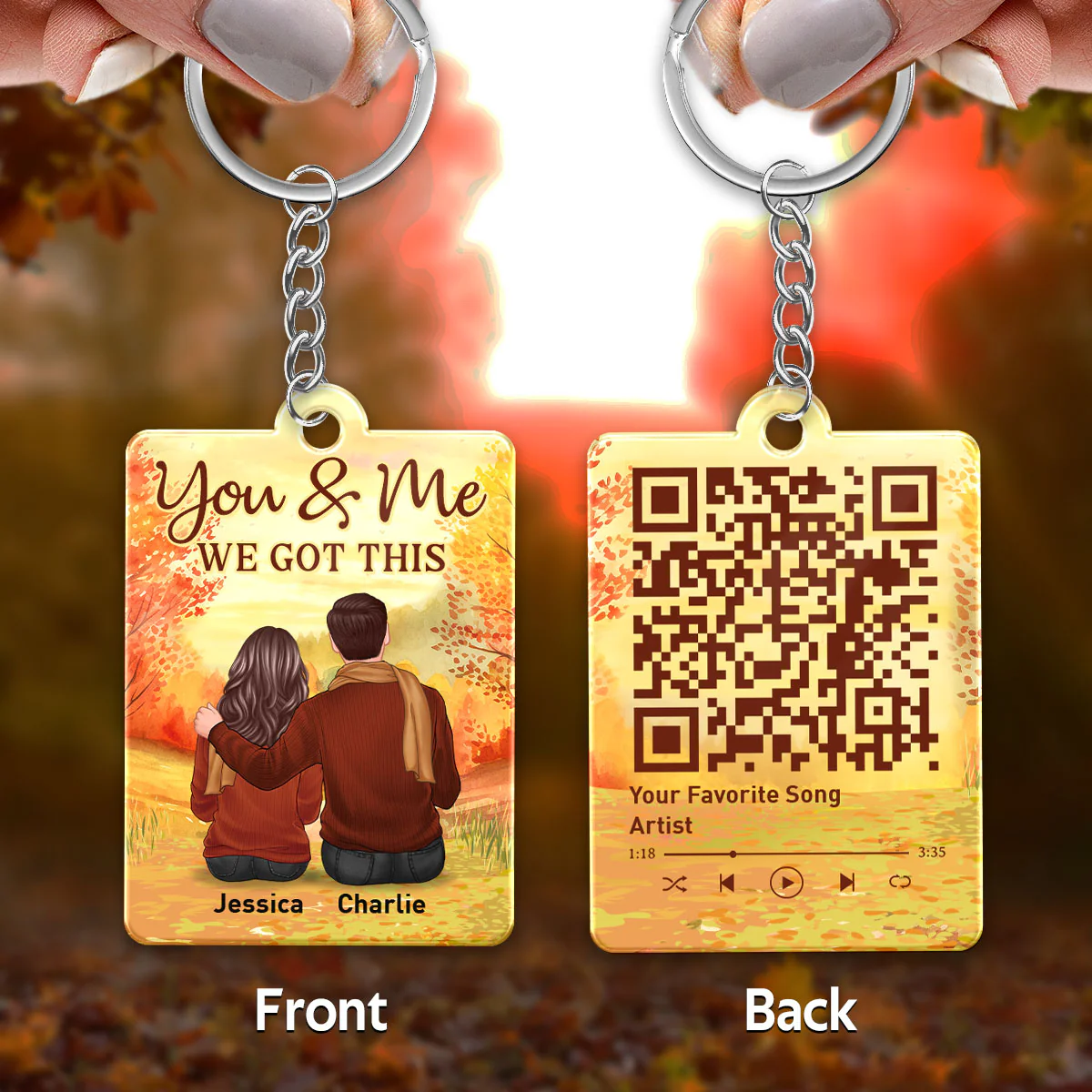 Embracing Fall Season Couple Sitting Back View Favorite Song QR Code Personalized Acrylic Keychain - Image 3