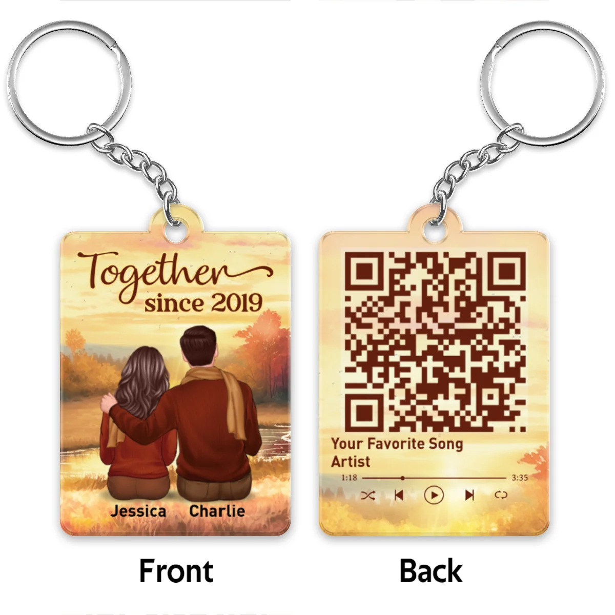 Embracing Fall Season Couple Sitting Back View Favorite Song QR Code Personalized Acrylic Keychain - Image 4