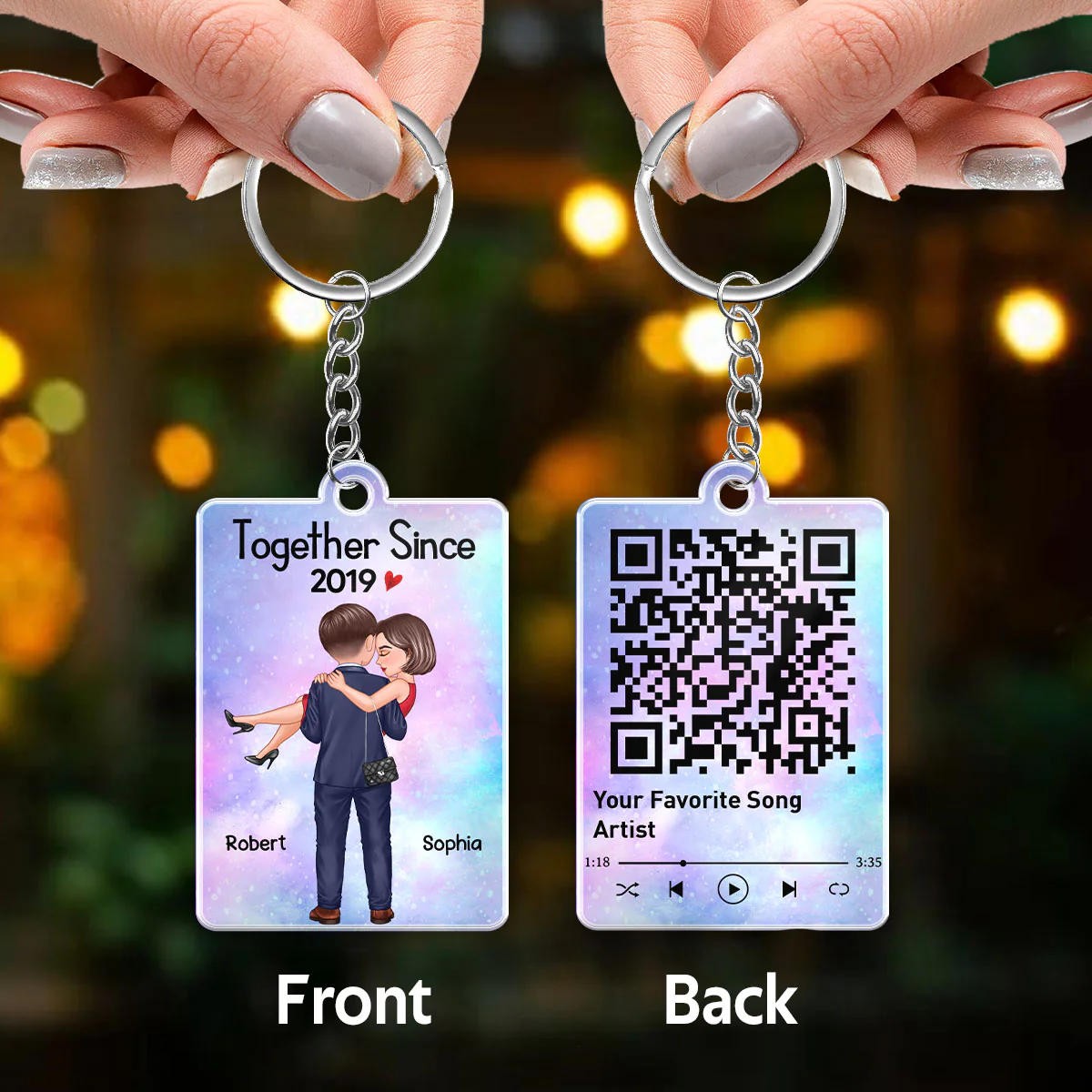 Embracing Holding Doll Couple Favorite Song QR Code Personalized Acrylic Keychain - Image 3