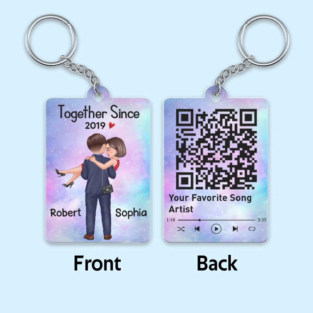 Embracing Holding Doll Couple Favorite Song QR Code Personalized Acrylic Keychain - Image 4