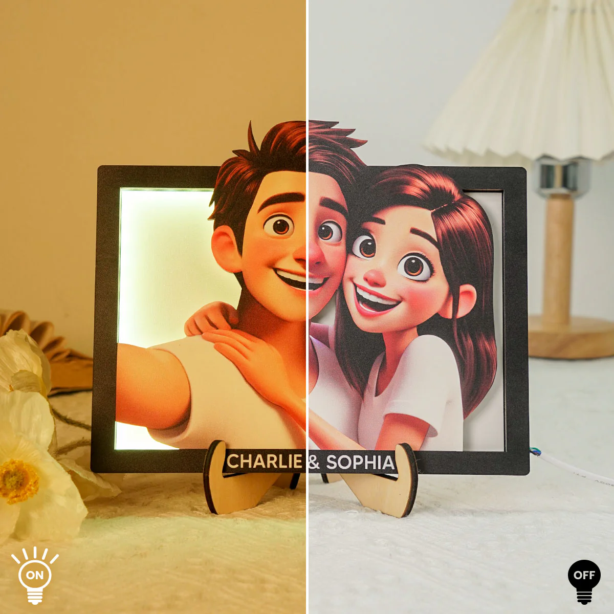 Embracing Hugging Couple Selfie Personalized 2-Layered Wooden Plaque With LED - Image 3