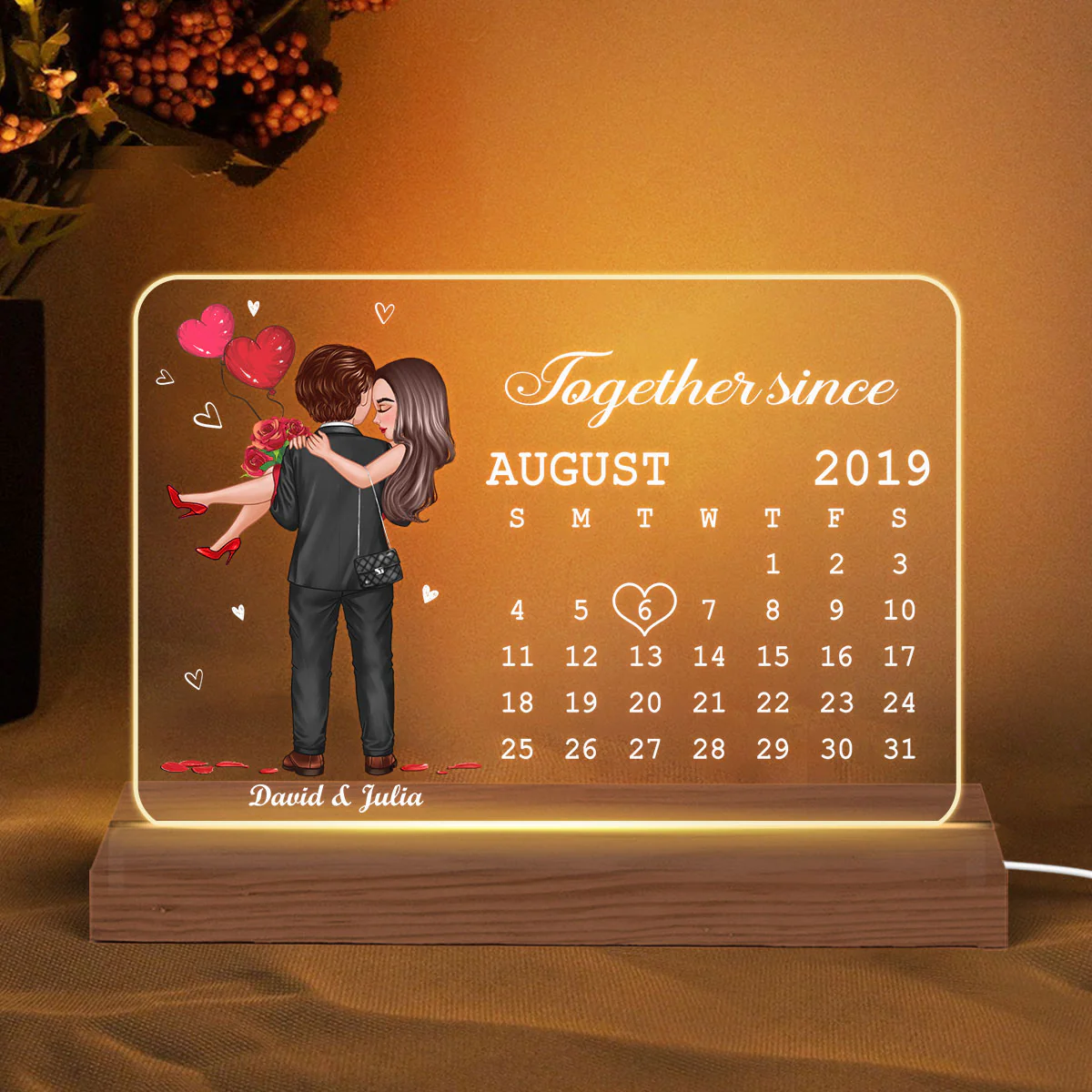 Embracing Hugging Doll Couple Calendar Personalized Custom Shape LED - Gift For Him Gift For Her - Image 2