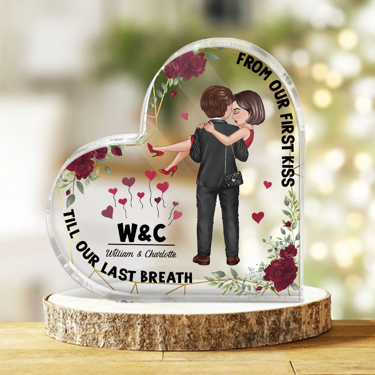 Embracing Hugging Doll Couple Floral Frame Personalized Heart Acrylic Plaque