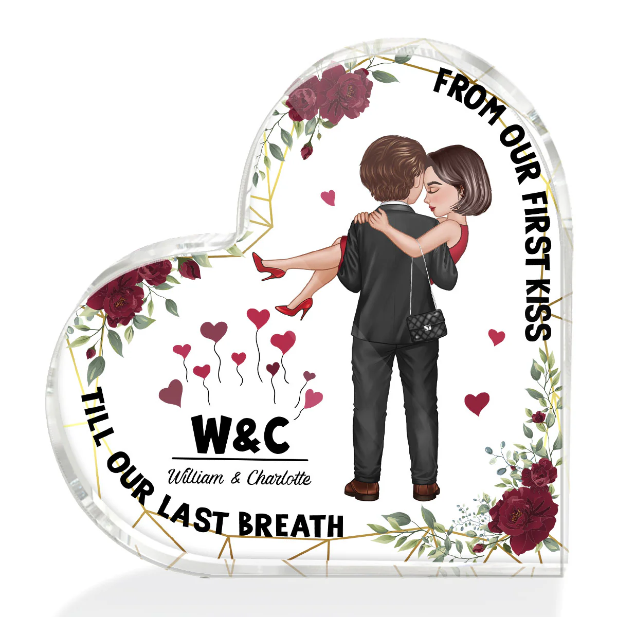 Embracing Hugging Doll Couple Floral Frame Personalized Heart Acrylic Plaque - Image 2