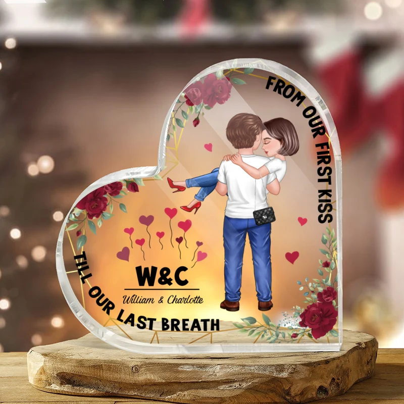 Embracing Hugging Doll Couple Floral Frame Personalized Heart Acrylic Plaque - Image 3