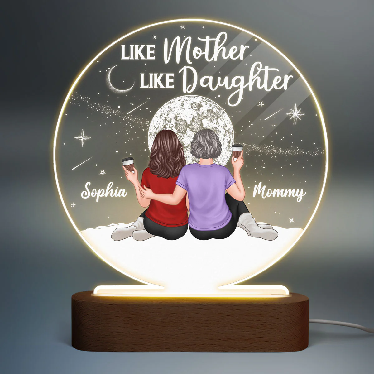 Embracing Mother Daughters Moon Personalized Circle Plaque LED Night Light - Image 2
