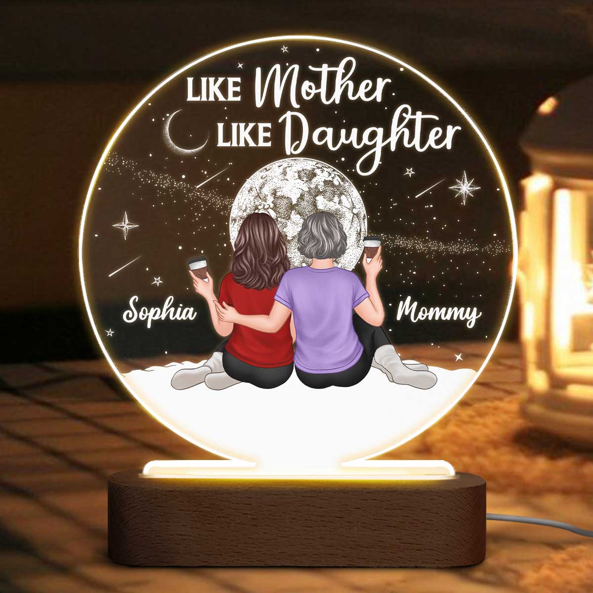 Embracing Mother Daughters Moon Personalized Circle Plaque LED Night Light - Image 3
