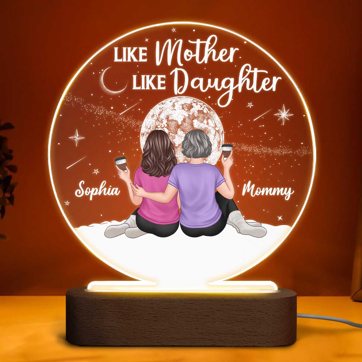 Embracing Mother Daughters Moon Personalized Circle Plaque LED Night Light - Image 4