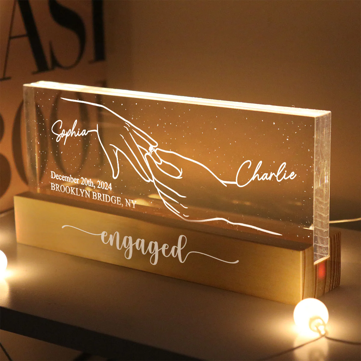Engagement Keepsake Couple Hands Outline Personalized Block LED Plaque - Image 2